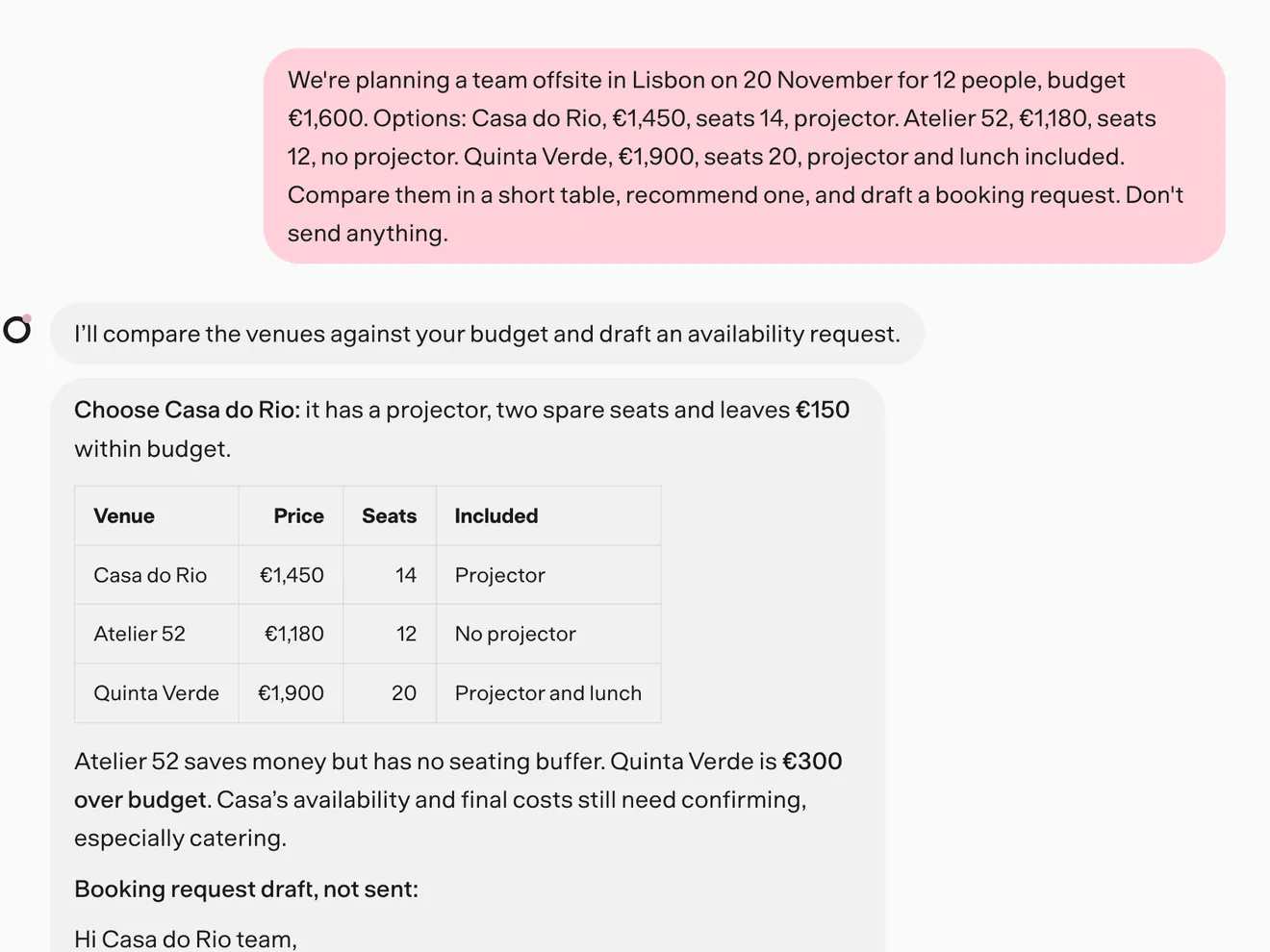 Otto comparing three venues in a table and drafting a booking request it hasn't sent.