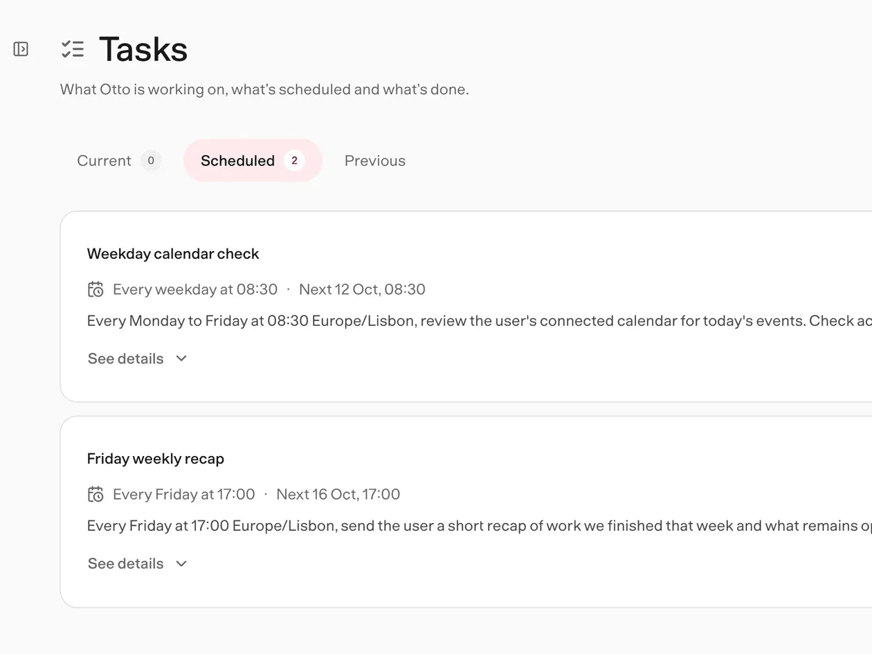 The Tasks page with a weekday calendar check and a Friday recap scheduled.