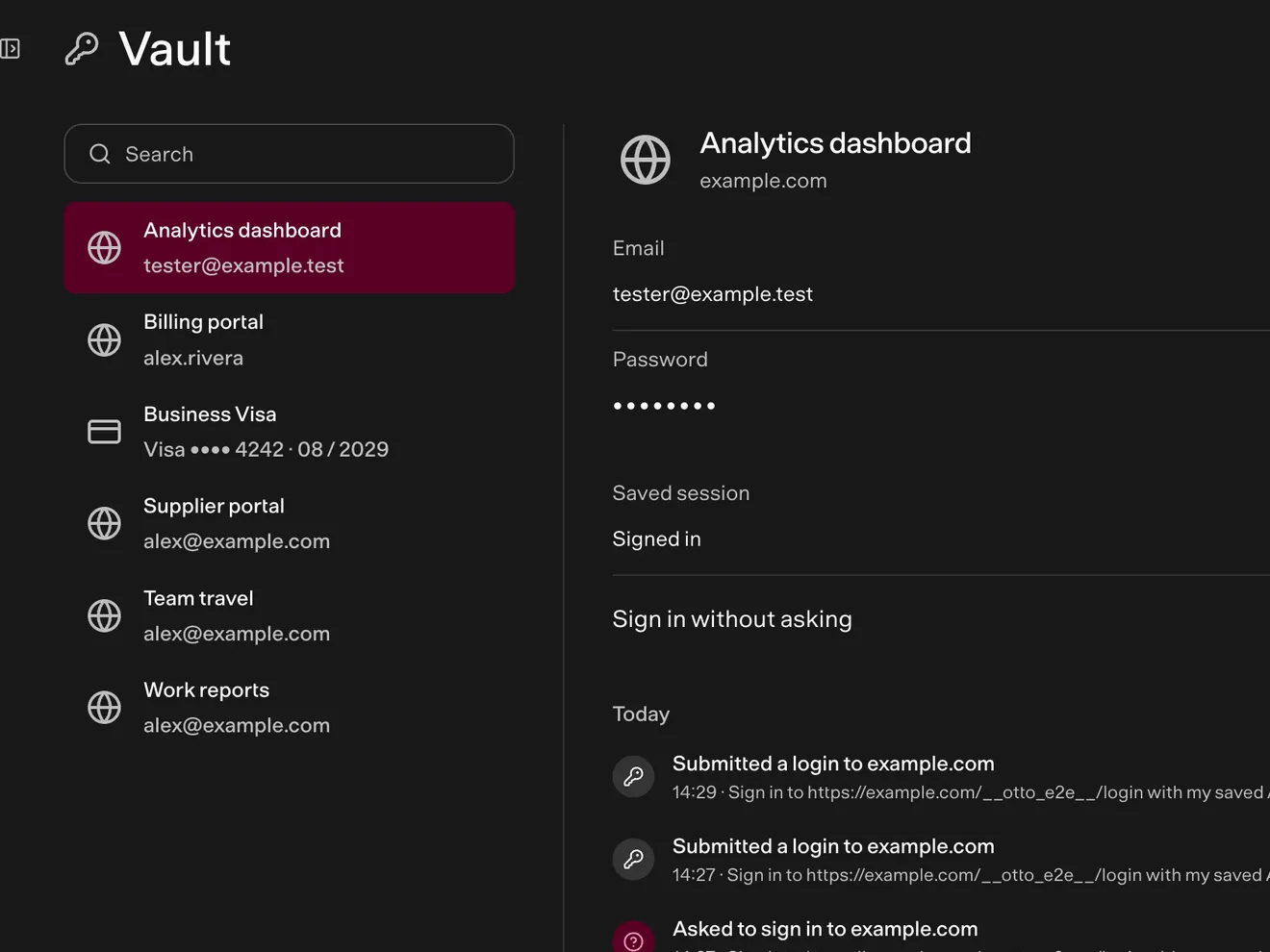 Vault with saved logins and a card, and every use of the selected login.