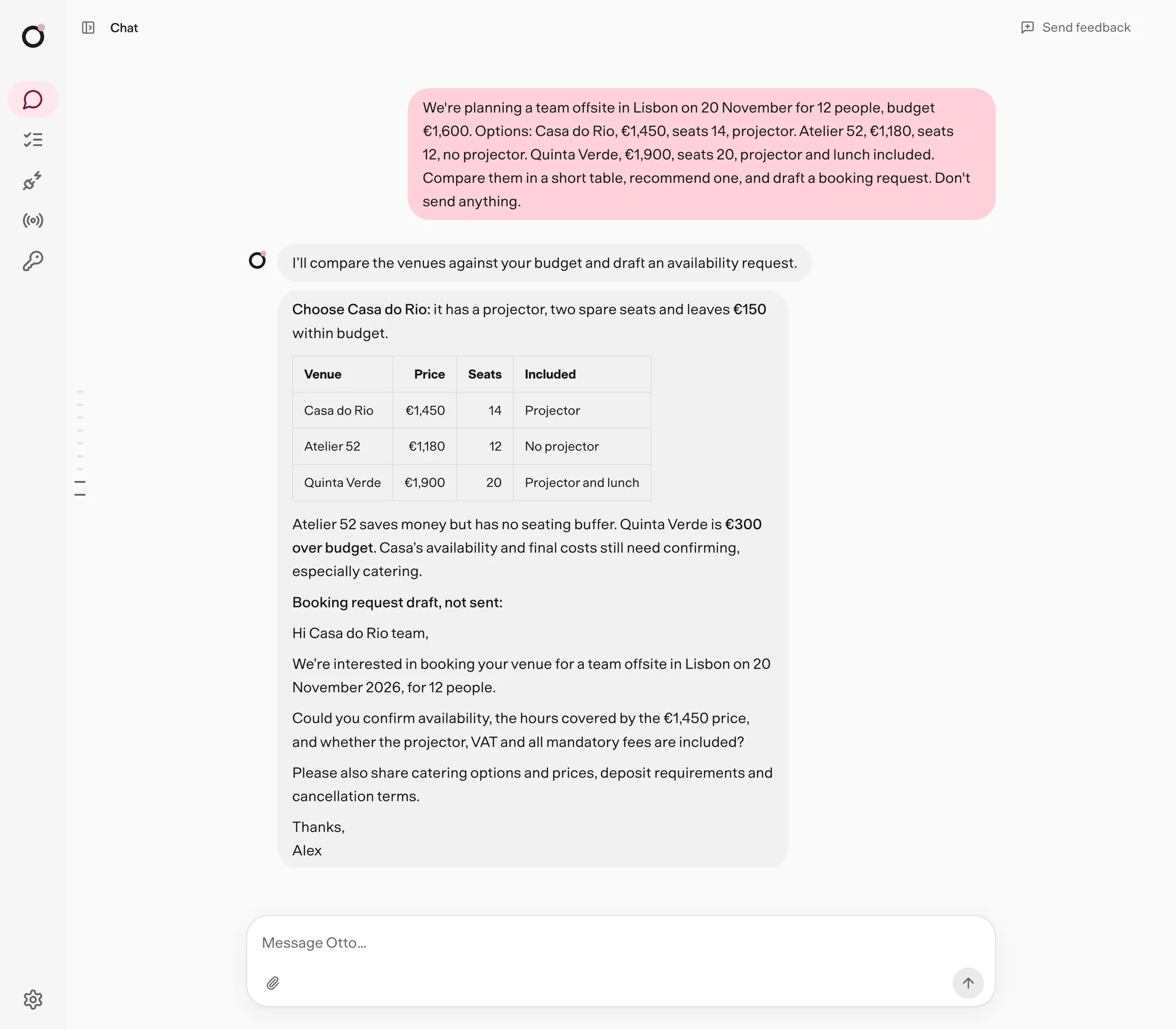 Otto chat comparing three suppliers in a table, then drafting a reply that it hasn't sent.