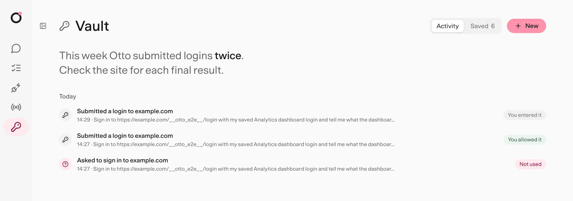 Vault → Activity: this week Otto submitted logins twice, with one question you answered and labels for what you allowed and what you entered.