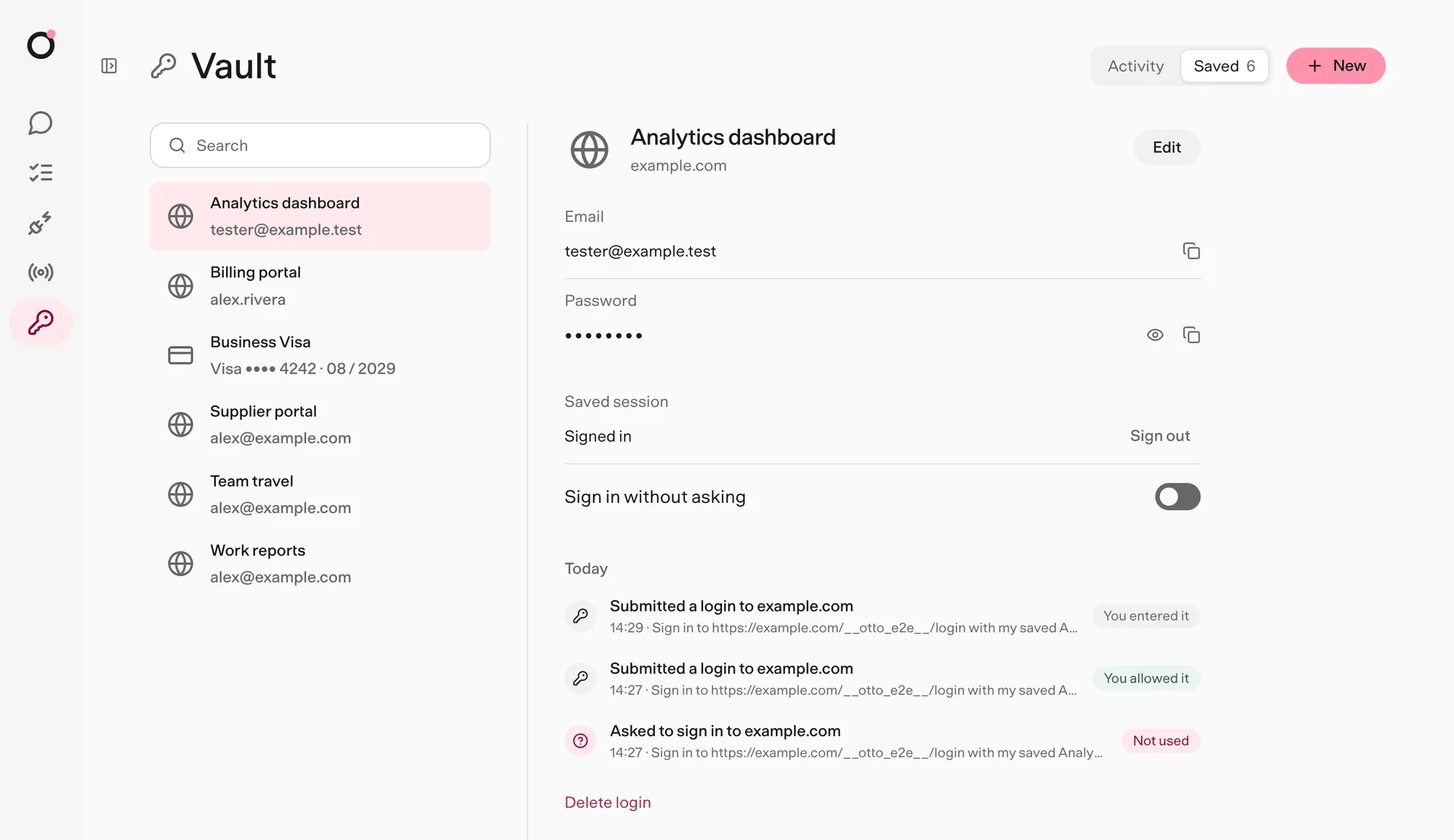 Vault → Saved with five logins and a card. The selected login shows its saved session and every time Otto asked for it, used it or you entered it.